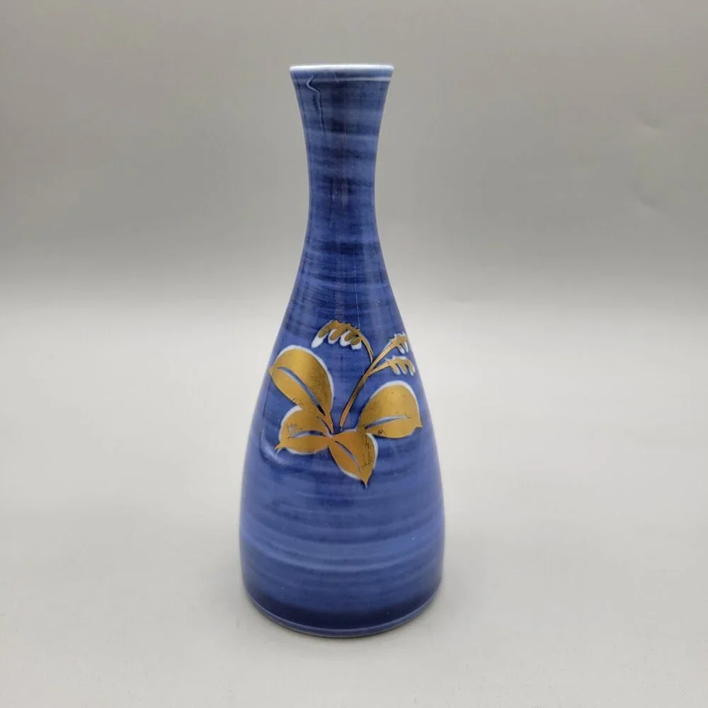 Japanese Porcelain Bud Vase Blue With Gold Floral Design
